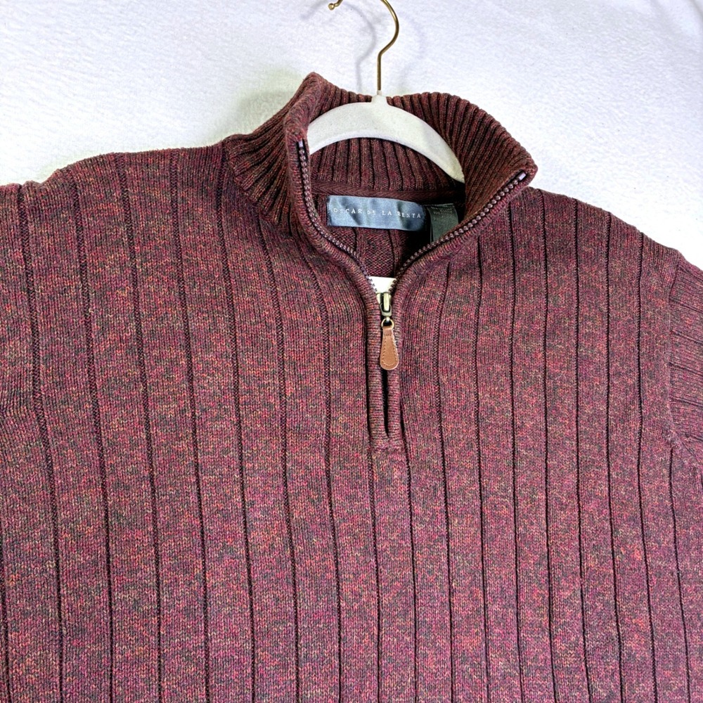 Oscar de la Renta Mens Burgundy Ribbed Quarter Zip Cotton Blend Sweater Large